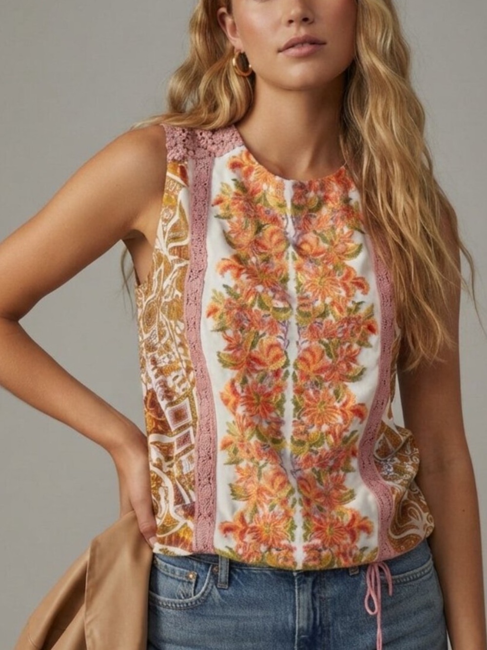 Anthropologie Tiny Embroidered Floral Boho Sleeveless Top Medium 34824